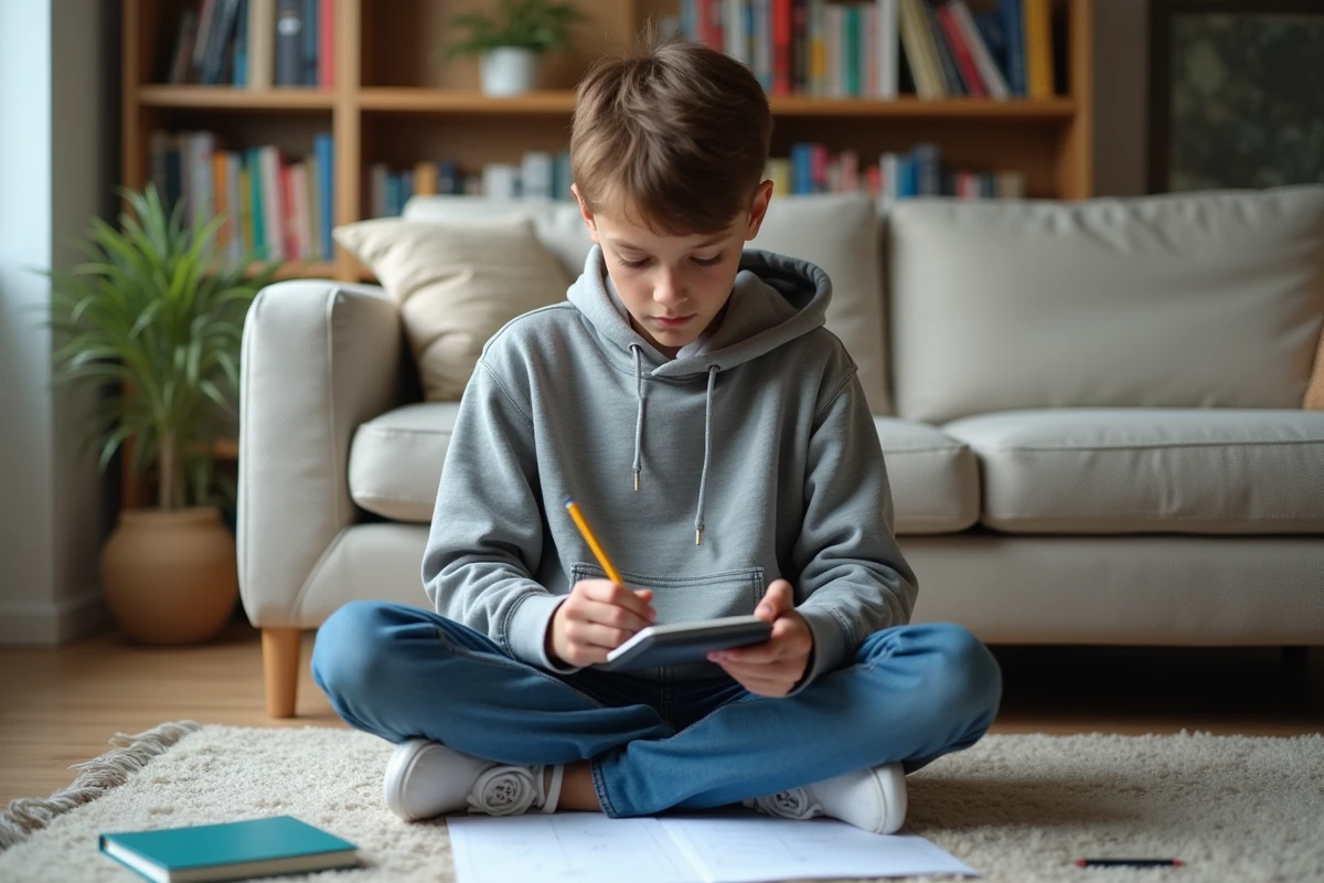 Adolescent utilisant une calculatrice dans un salon cosy et lumineux