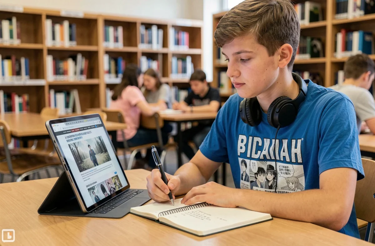 Adolescent recherchant des solutions alternatives pour lire des mangas en ligne depuis une tablette en bibliothèque