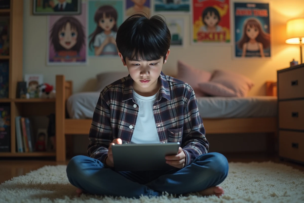 Adolescent naviguant sur un site de manga non officiel depuis une tablette dans sa chambre, avec une expression hésitante