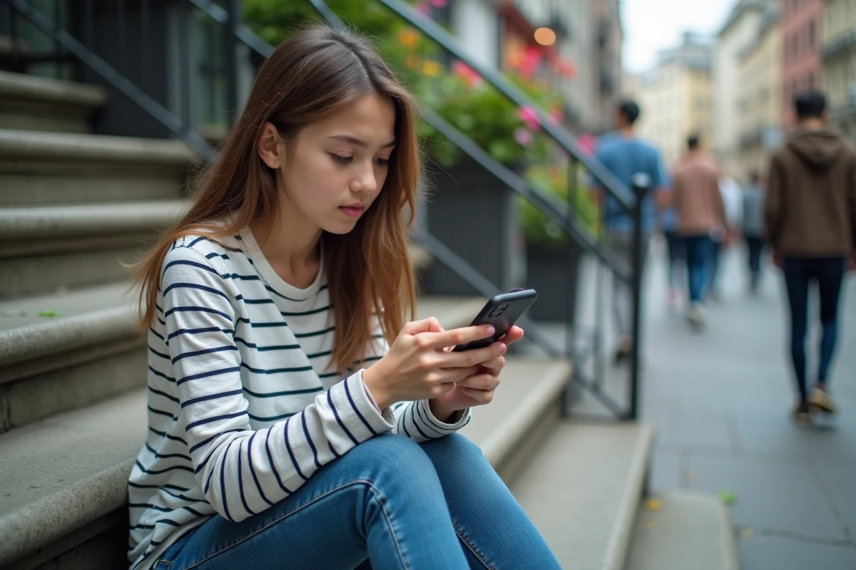 Adolescente utilisant Buzzmax sur son téléphone dans un environnement urbain extérieur