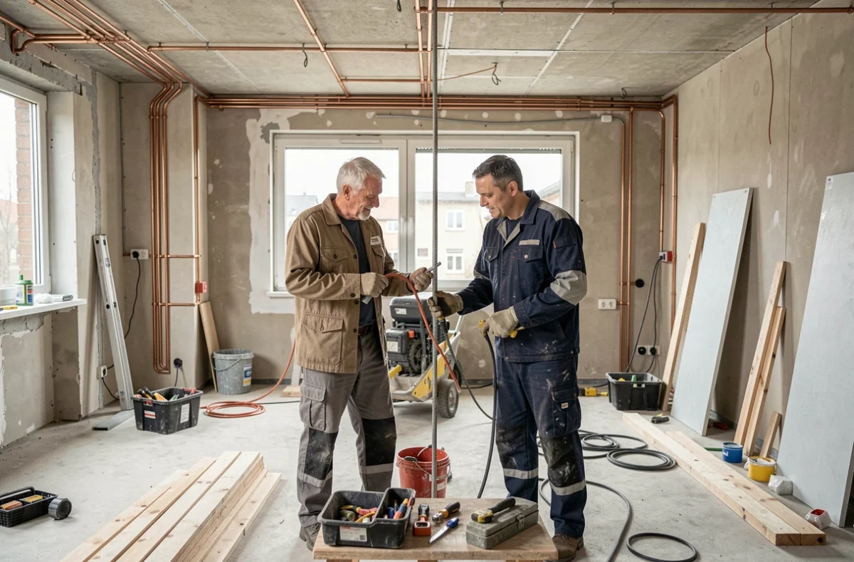 Équipe AFD Groupe travaillant sur un chantier plomberie et multi-services dans un bâtiment messin