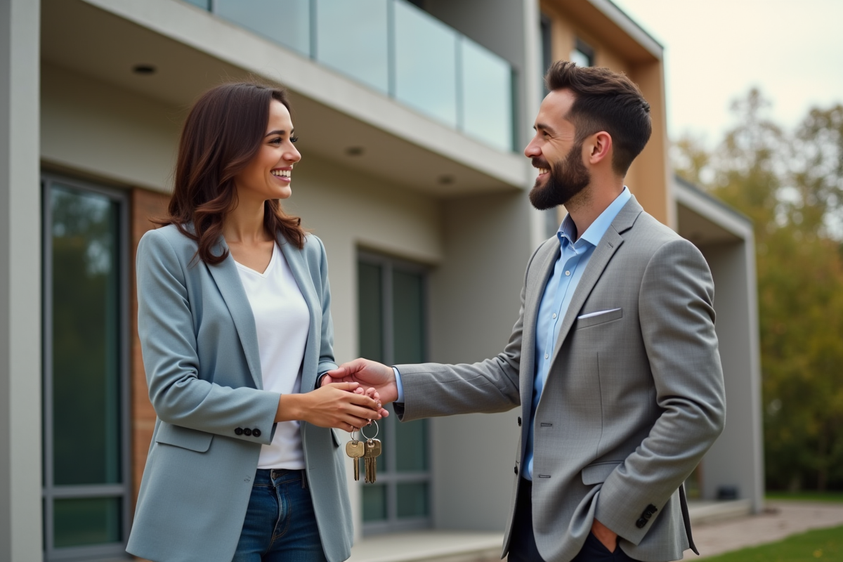 Agent immobilier souriant remettant les clés à un couple