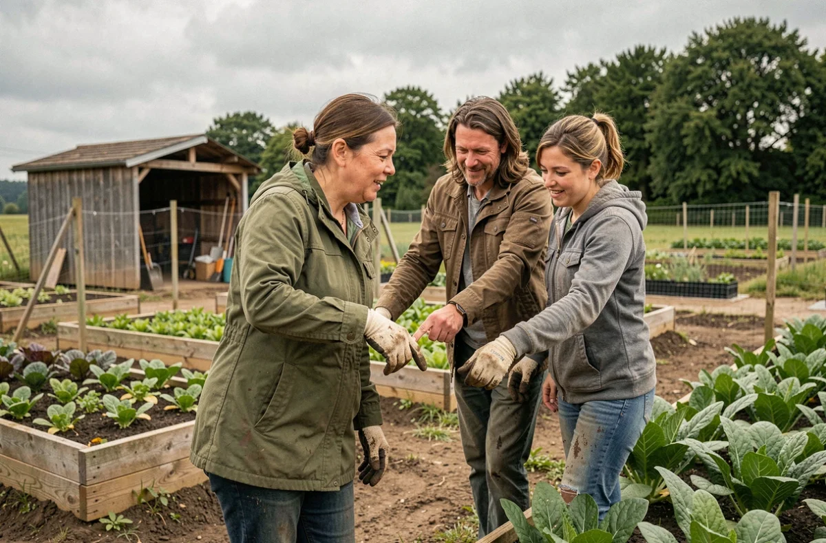 Groupe d'agriculteurs travaillant ensemble dans un jardin maraîcher collectif pour rompre l'isolement agricole