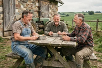 Trois agriculteurs partageant un repas convivial dans une ferme, illustrant la lutte contre l'isolement rural