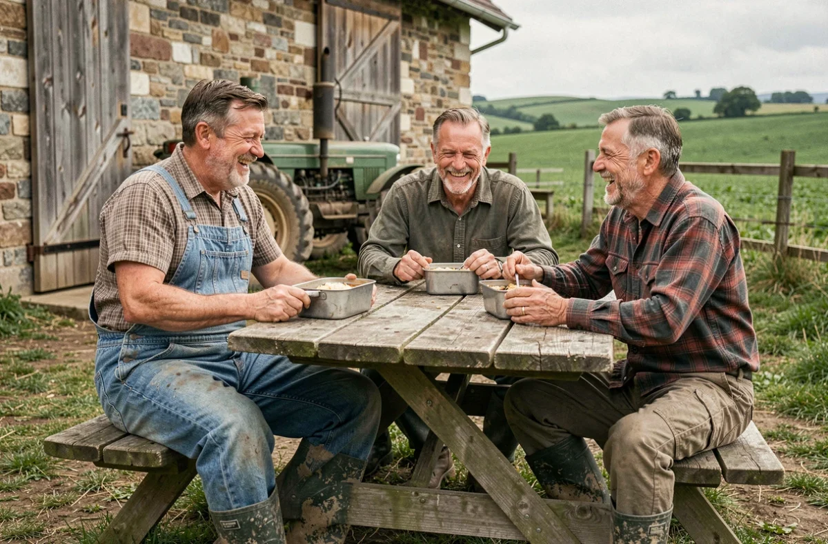 Trois agriculteurs partageant un repas convivial dans une ferme, illustrant la lutte contre l'isolement rural
