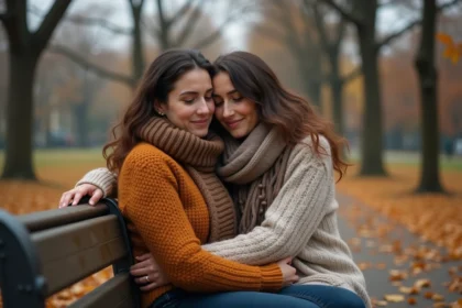 Deux amies qui s'enlacent avec émotion sur un banc de parc en automne, larme sur la joue, amitié sincère et touchante