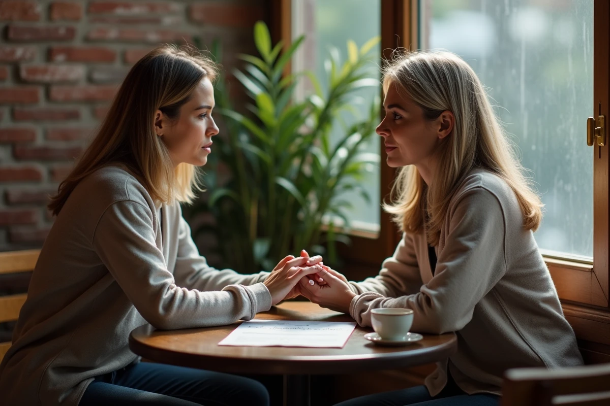 Deux amies attablées dans un café, l'une tenant les mains de l'autre émue aux larmes devant une lettre manuscrite d'amitié