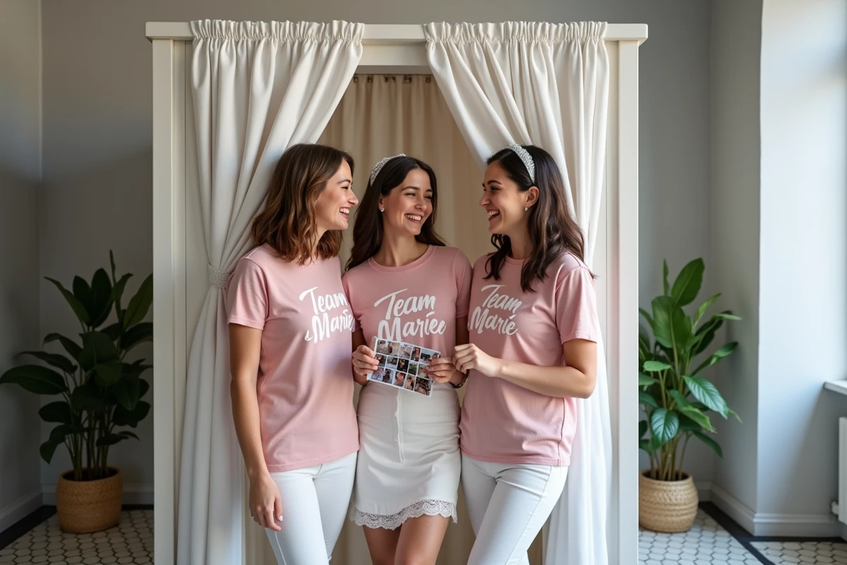 Trois amies sortant d'un photomaton lors d'un enterrement de vie de jeune fille dans un studio parisien