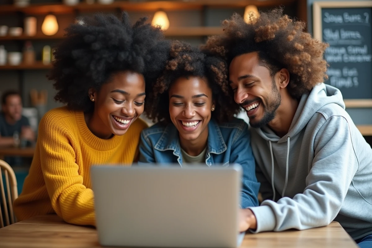 Groupe d'amis qui regardent ensemble un GIF d'anniversaire original sur un ordinateur portable dans un café