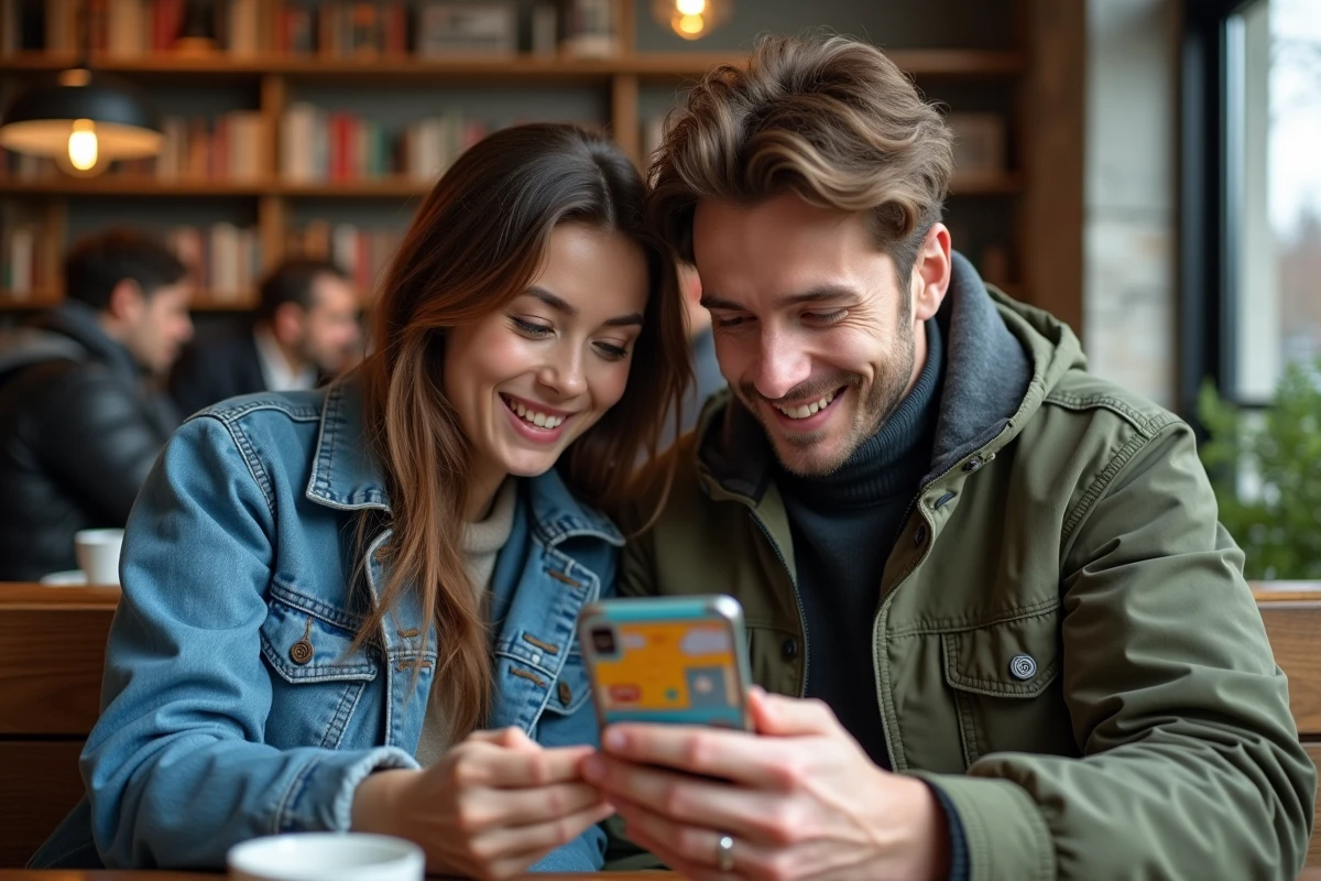 Deux amis consultant une application de lecture de manga sur smartphone dans un café urbain