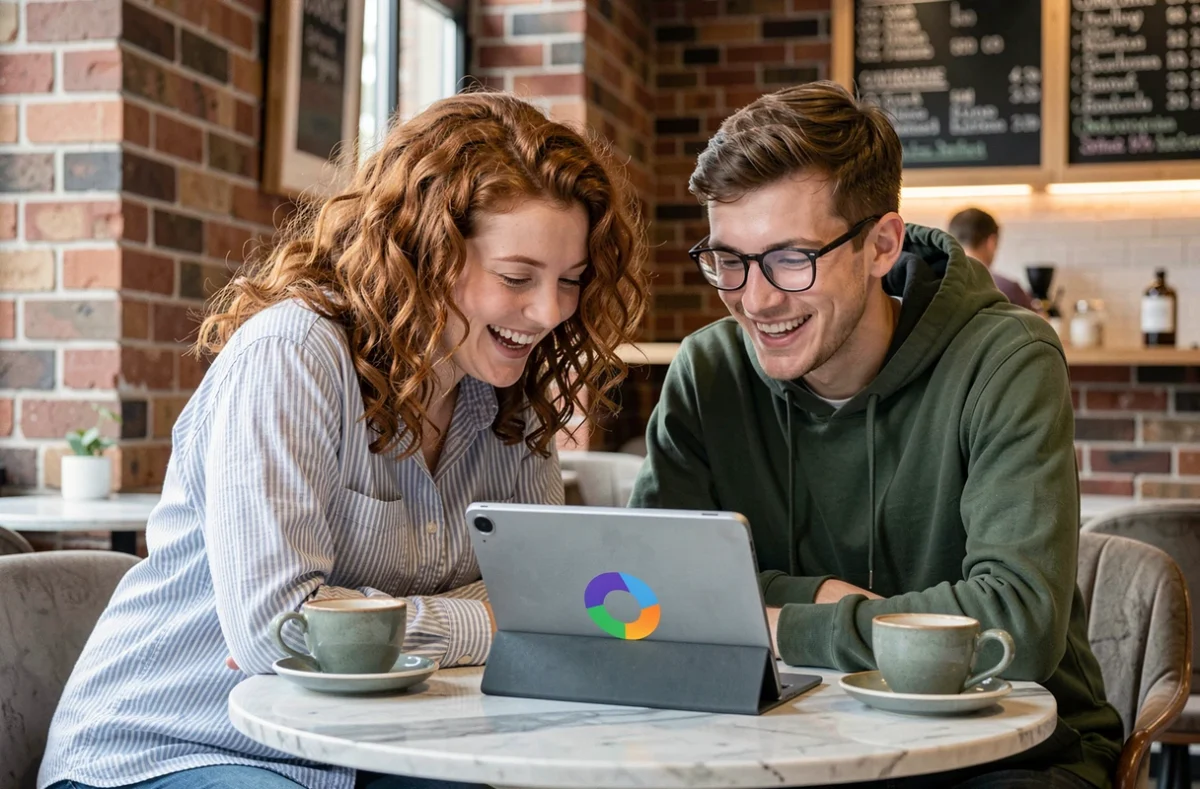 Deux amis jouant à la toupie Google sur une tablette pendant une pause dans un café urbain moderne