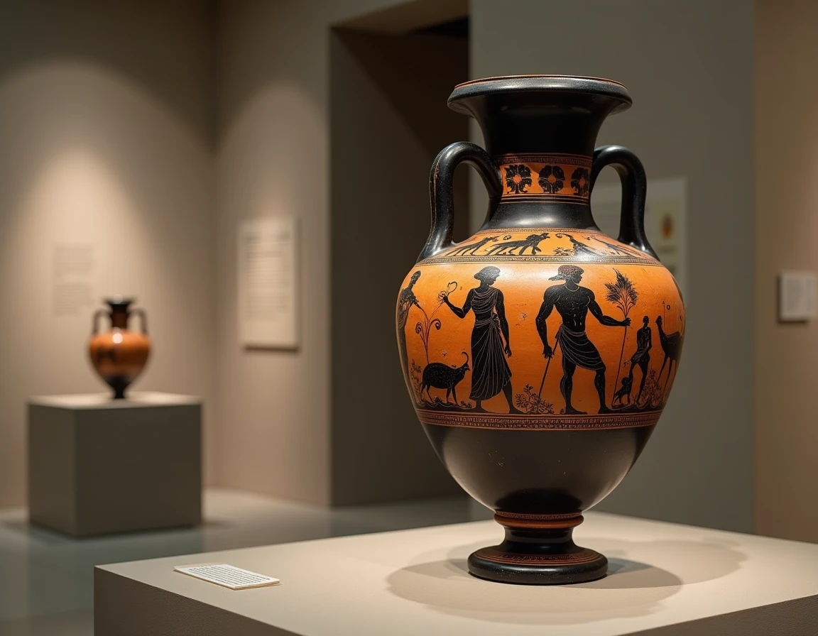 Amphore grecque à figures noires représentant Triton et les Néréides, divinités marines, exposée dans une alcôve de musée minimaliste