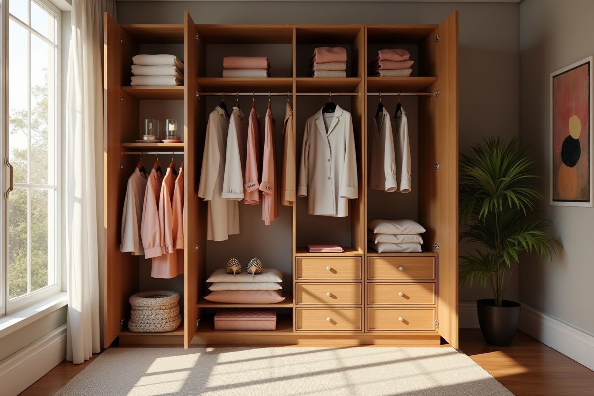 Armoire organisée avec vêtements élégants et accessoires