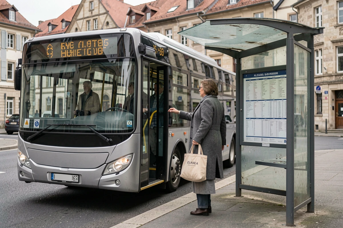 Femme montant dans un bus urbain à un arrêt de Sarreguemines avec un panneau horaire visible