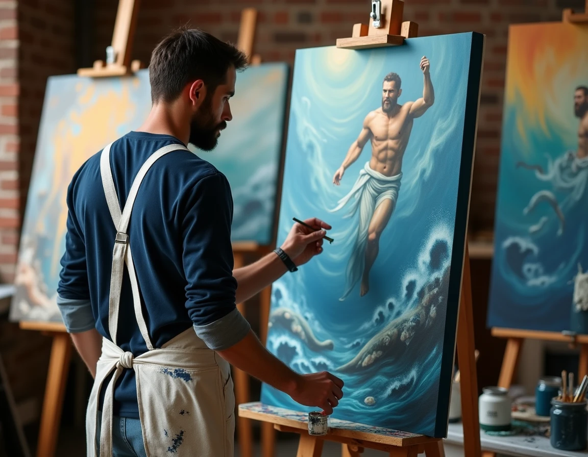 Artiste contemporain peignant une représentation d'Océanos, dieu grec de la mer, dans son atelier encombré avec des toiles et des pinceaux