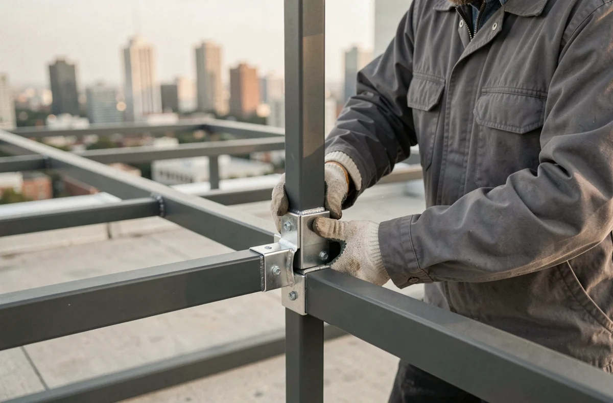 Installateur assemblant une structure en tubes carrés aluminium 40x40 sur terrasse extérieure avec finition anthracite et visserie inox