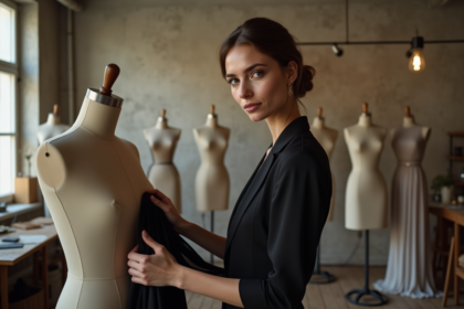 Femme en robe noire dans un atelier de mode parisien