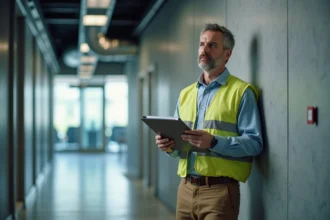 Auditeur energie homme en action dans un bureau moderne