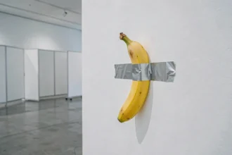 Une banane jaune scotchée sur un mur blanc de galerie d'art contemporain, installation artistique de Maurizio Cattelan