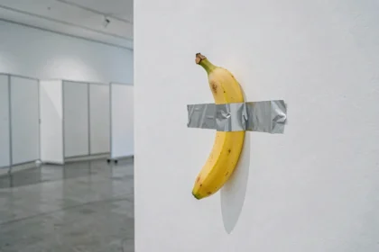 Une banane jaune scotchée sur un mur blanc de galerie d'art contemporain, installation artistique de Maurizio Cattelan