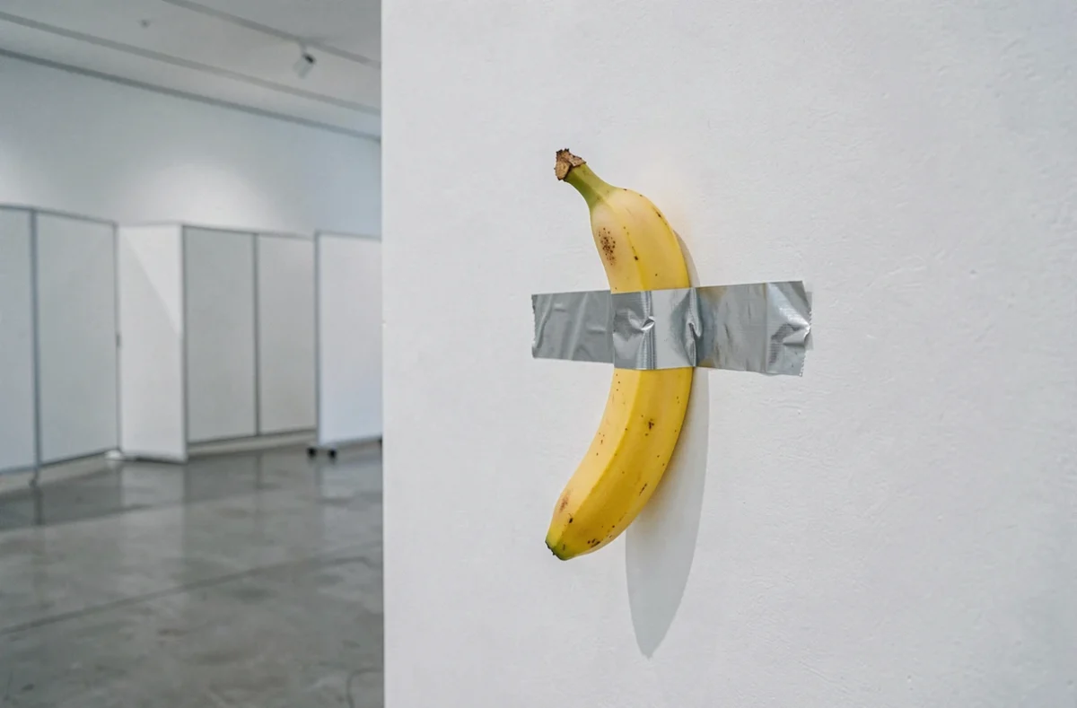 Une banane jaune scotchée sur un mur blanc de galerie d'art contemporain, installation artistique de Maurizio Cattelan
