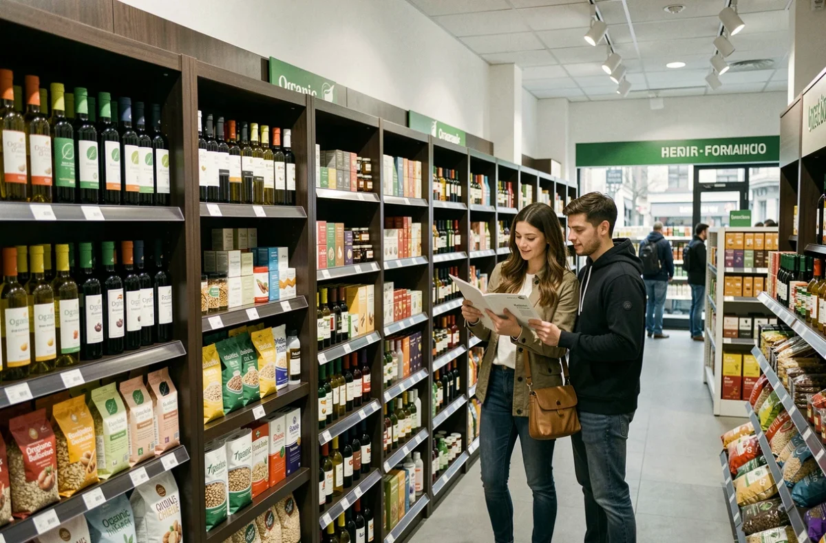 Intérieur du magasin Bio c'Bon à Boulogne-Billancourt avec ses rayons bio spécialisés et ses clients en centre-ville