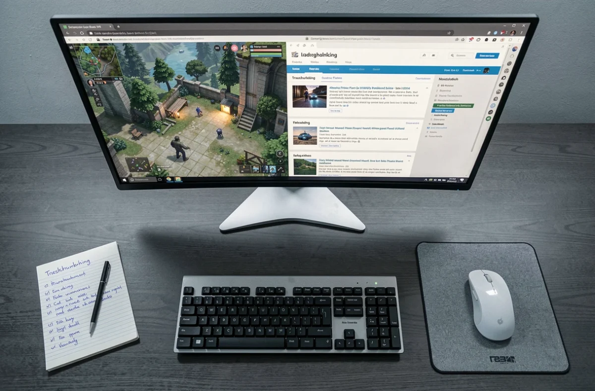 Bureau de gamer avec écran affichant un guide de dépannage pour réparer un mod UI Cheats buggué dans un jeu de simulation de vie