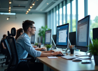 Webmail de Convergence Lyon, panorama et intégrations Bureau moderne espace ouvert avec personnes au travail