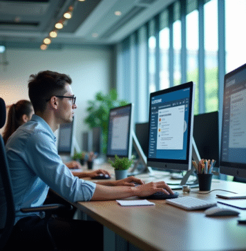 Webmail de Convergence Lyon, panorama et intégrations Bureau moderne espace ouvert avec personnes au travail