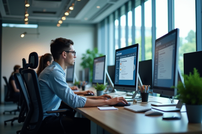 Bureau moderne espace ouvert avec personnes au travail
