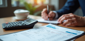 Bureau bien éclairé avec fiche de paie et calculatrice