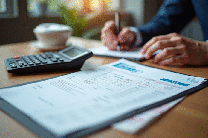 Bureau bien éclairé avec fiche de paie et calculatrice