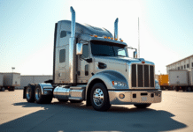 Camion semitrailer puissant en plein jour sur un site industriel