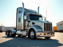 Camion semitrailer puissant en plein jour sur un site industriel