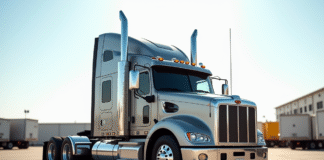 Camion semitrailer puissant en plein jour sur un site industriel
