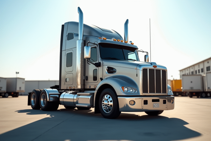 Camion semitrailer puissant en plein jour sur un site industriel