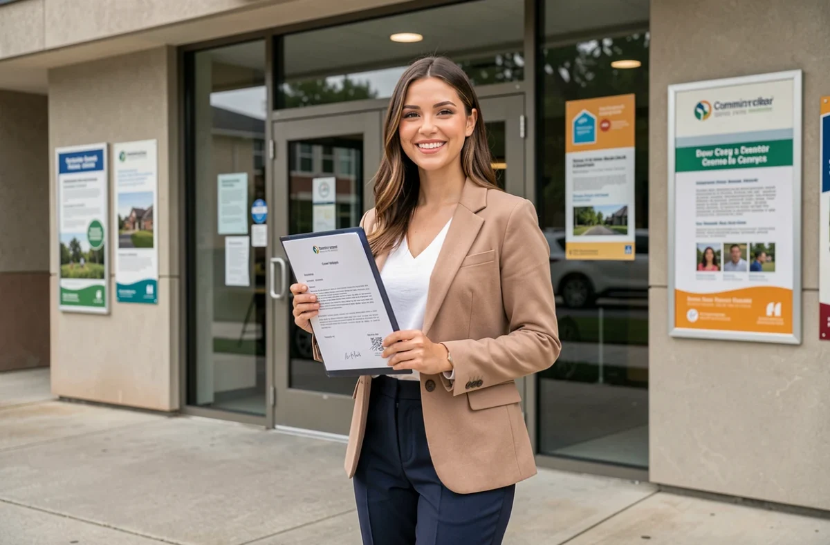 Jeune femme confiante tenant sa lettre de motivation devant un centre d'animation pour un entretien d'embauche