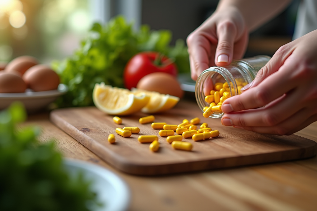 Mains posant capsules de vitamine B12 près d