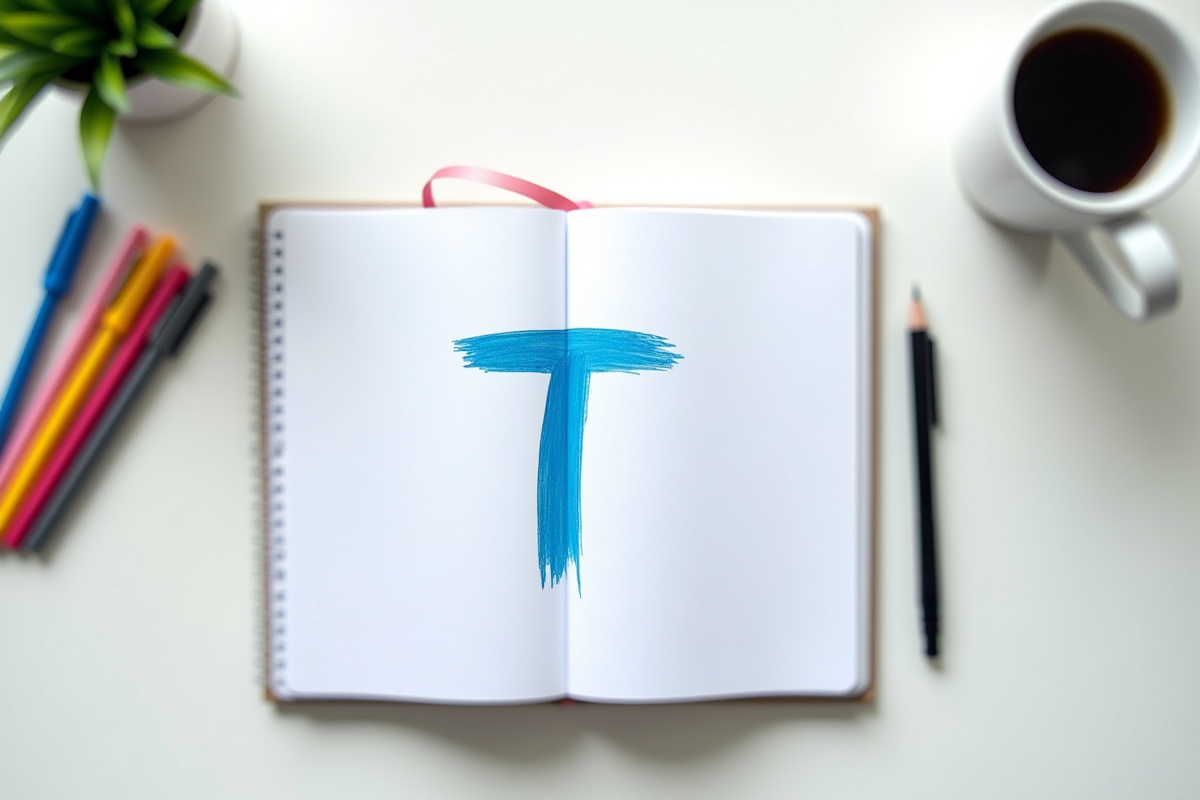 Carnet ouvert avec diagramme en T dessine en bleu sur une table blanche