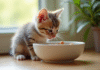 Petit chaton mangeant de la nourriture humide dans un bol