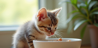 Petit chaton mangeant de la nourriture humide dans un bol