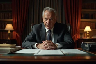 Chef d'une brigade criminelle mystérieuse assis à son bureau dans un bureau privé sombre rempli de dossiers secrets