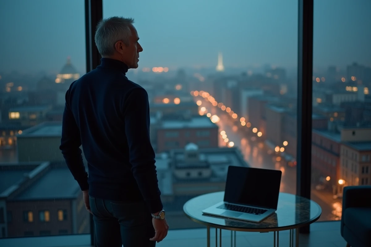 Chef criminel mystérieux contemplant la ville la nuit depuis une fenêtre de penthouse moderne