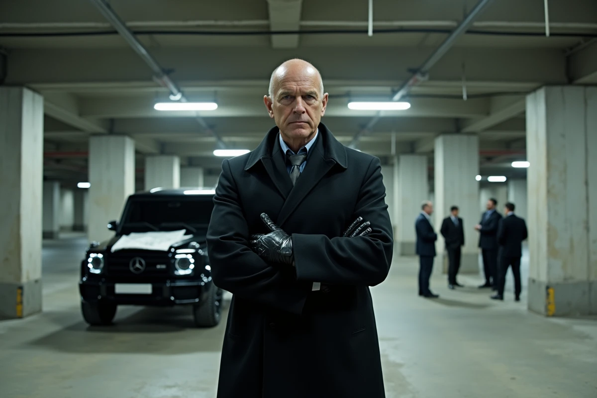 Personnage autoritaire en manteau noir dirigeant ses associés dans un parking souterrain industriel