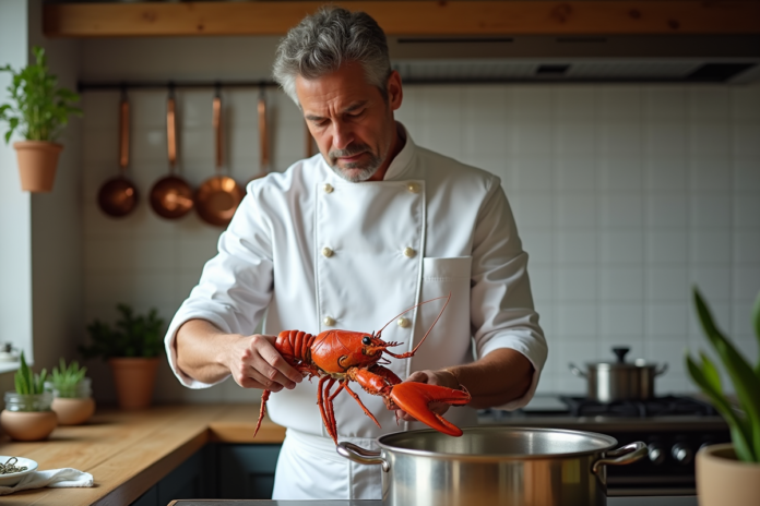 chef-lobster-cuisine-maison Chef français en cuisine préparant un homard frais