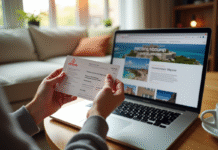 Personne tenant des chèques vacances françaises avec un ordinateur affichant Airbnb