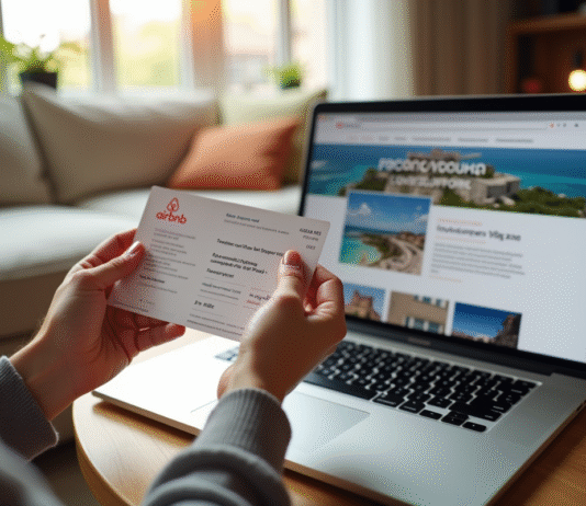 Personne tenant des chèques vacances françaises avec un ordinateur affichant Airbnb