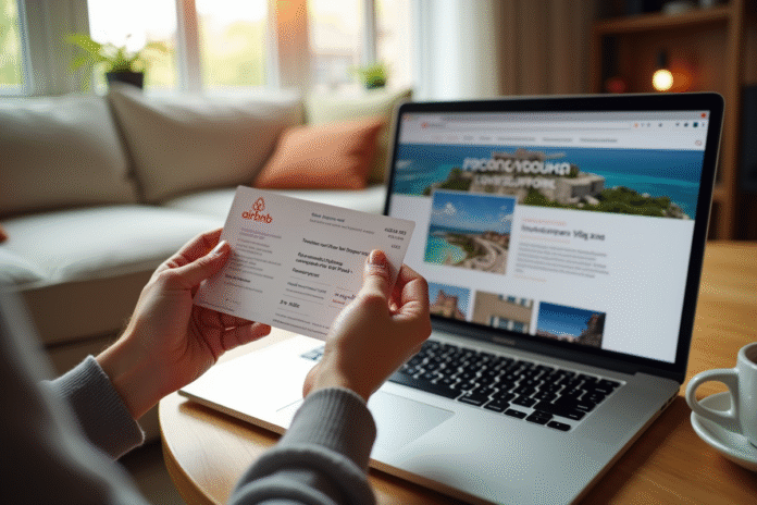 Personne tenant des chèques vacances françaises avec un ordinateur affichant Airbnb