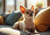 Chihuahua à poil court assis sur un canapé moderne en appartement
