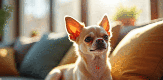 Chihuahua à poil court assis sur un canapé moderne en appartement